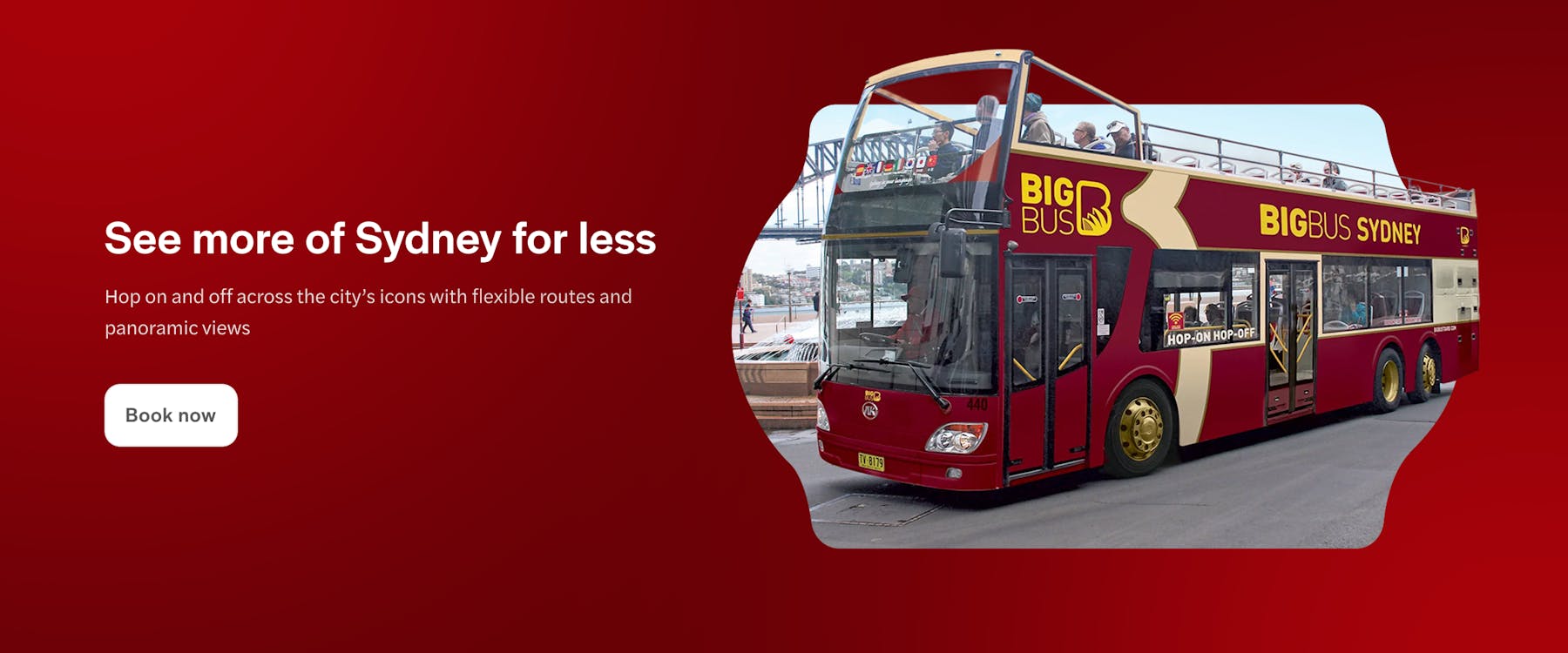 Big Bus Sydney tour with Sydney Harbour Bridge in the background.